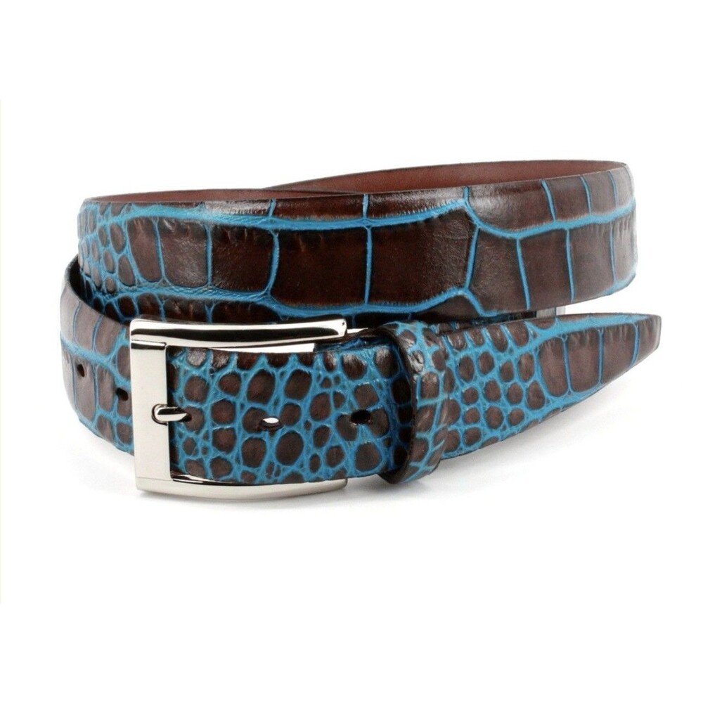 Torino Leather Brown Turquoise Italian Croc Embossed Belt Men’s 36 Luxury USA